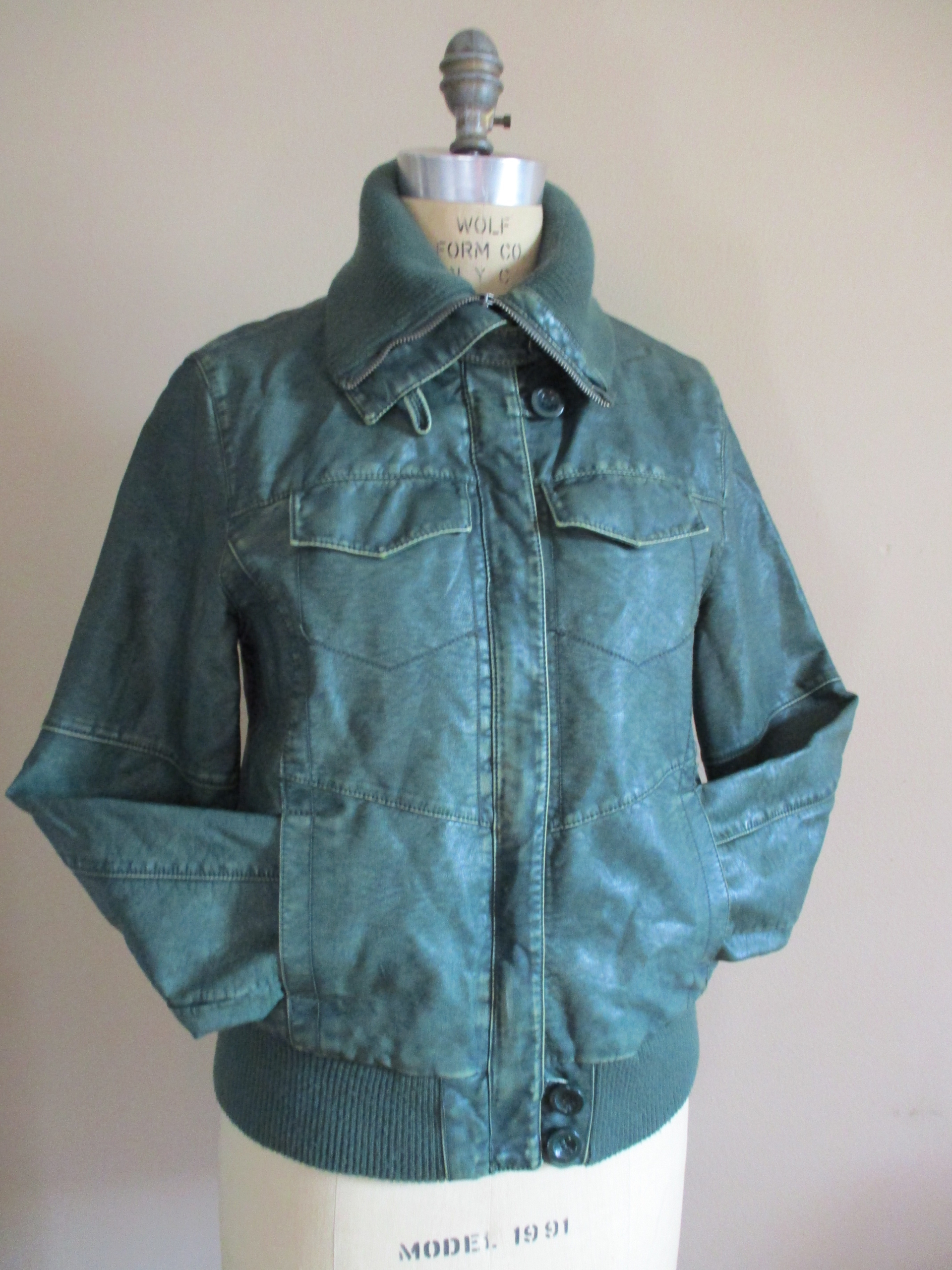 Faded Glory Green Vinyl Bomber Jacket